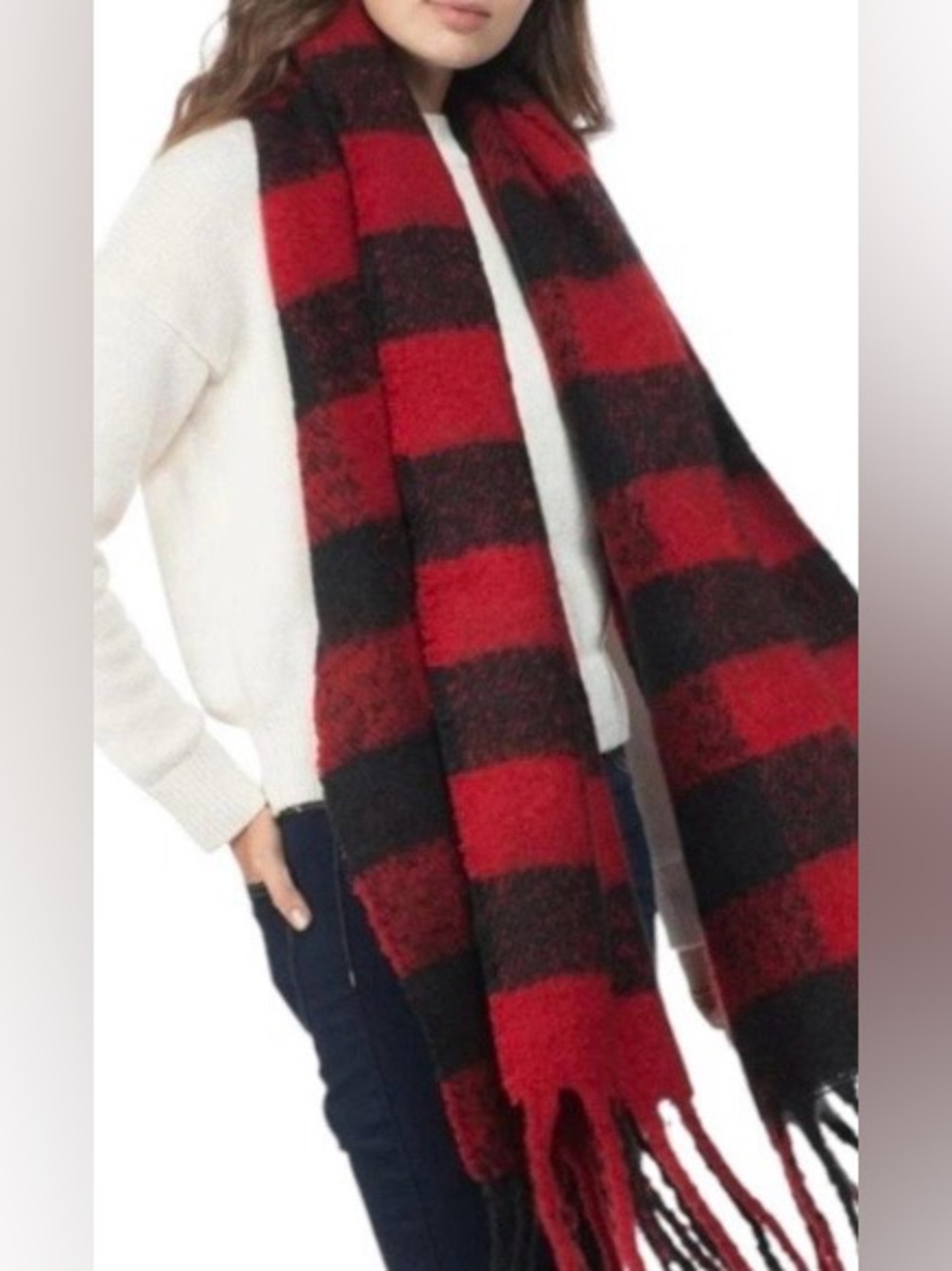 Steve Madden Cozy Red and Black Buffalo Plaid Fringe Scarf - NWT